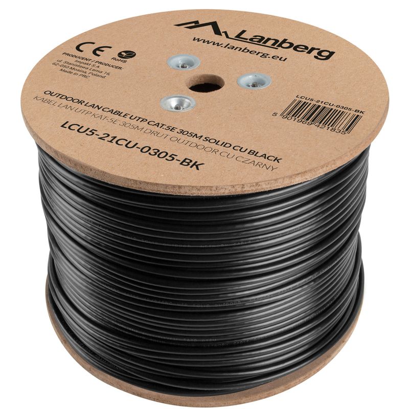 Bobina de cable de red ethernet Cat. 5e UTP de 305 m rígido de color negro fluke tested LCU5-21CU-0305-BK - LN14000 - 01